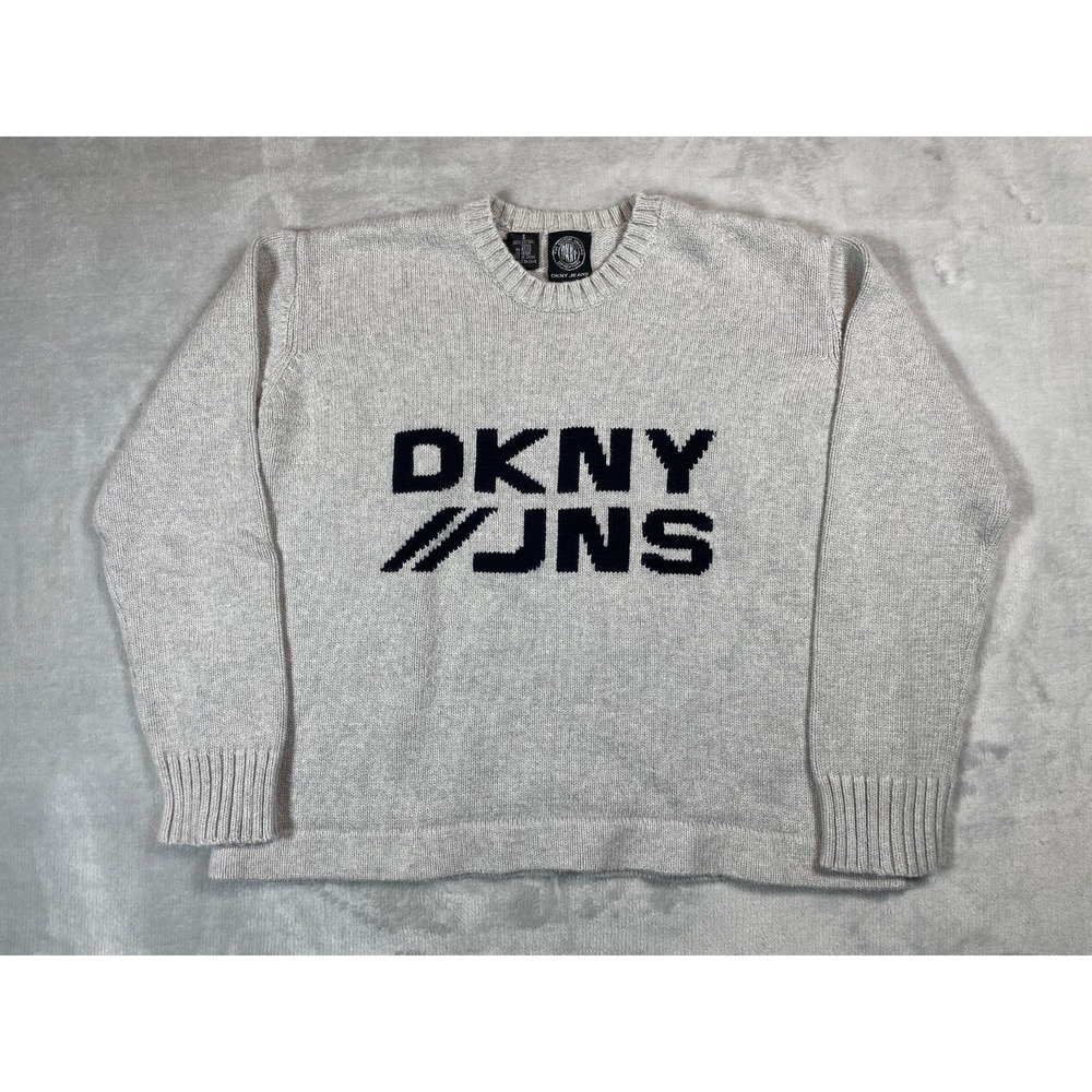 Vintage DKNY Jeans Sweater Womens S Gray Cotton Logo Knit Crewneck 90s Y2K